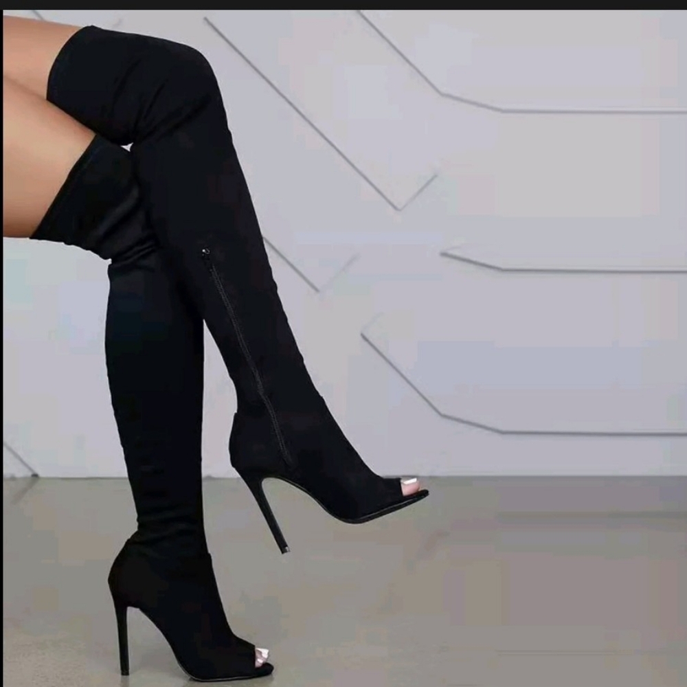 Lily's Kloset - Lori Thigh High Peep Toe Boots Black Suede - 8.5